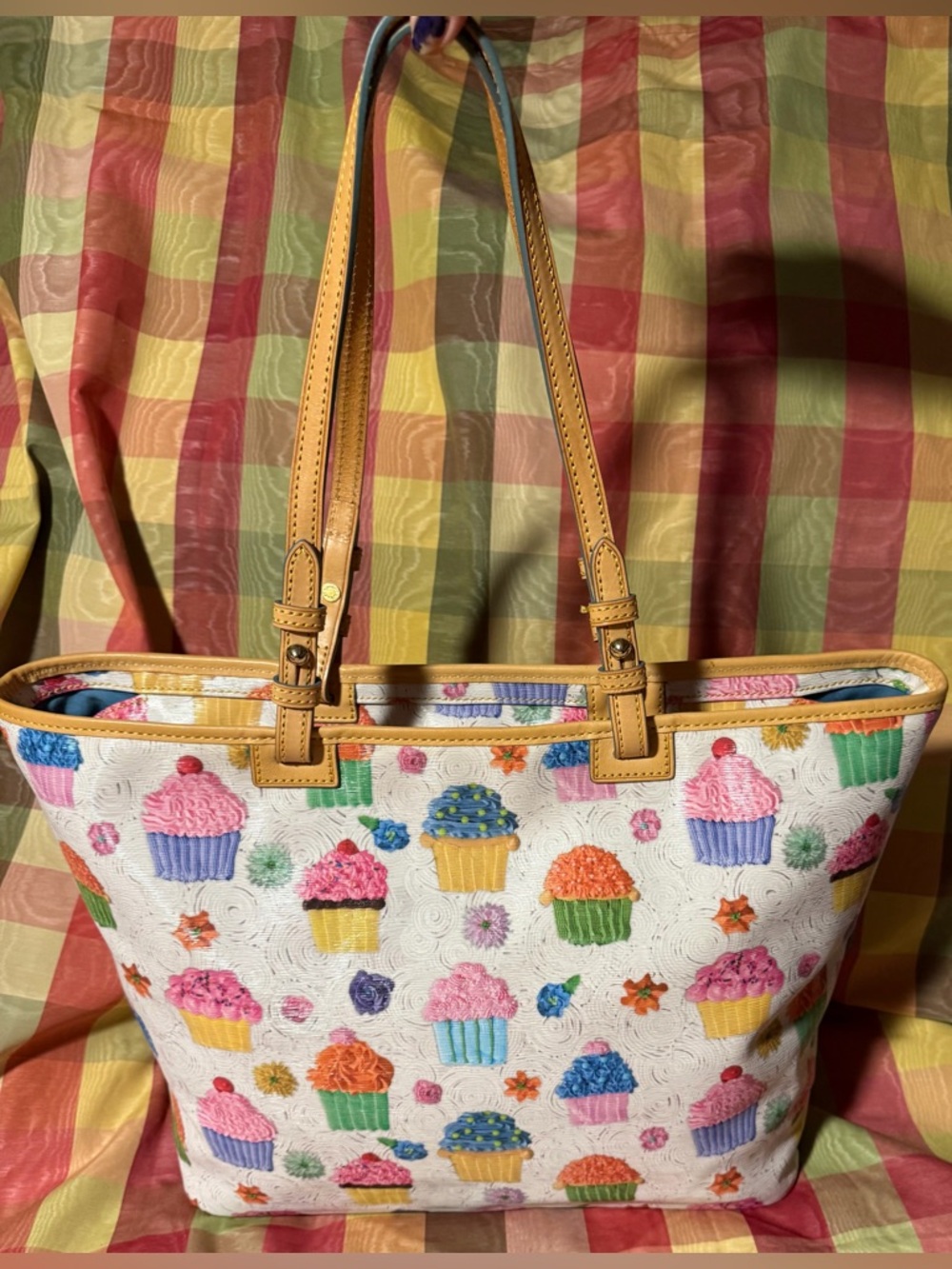 Dooney & Bourke White Cupcake Print Tote with Tan Handles - Picture 2 of 8